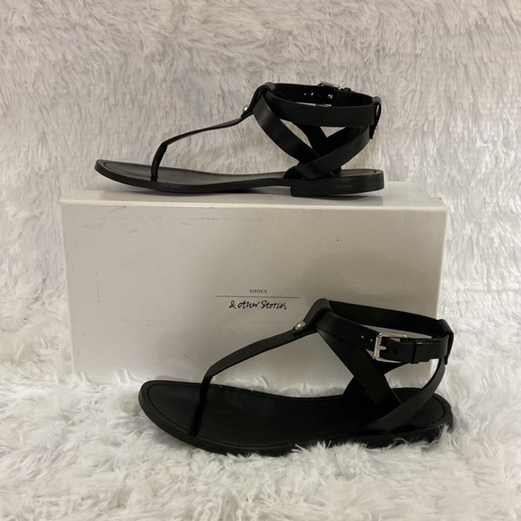 & OTHER STORIES WOMEN BLACK T FRONT GENUINE LEATHER ROMAN STYLE SANDALS.SIZE-7 - Picture 12 of 12